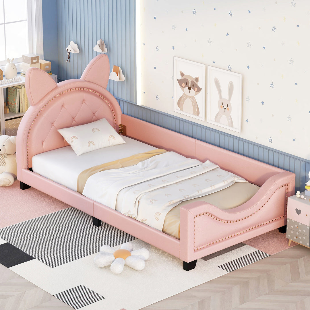 Pink Twin Size Upholstered Daybed with Carton Ears Shaped Headboard