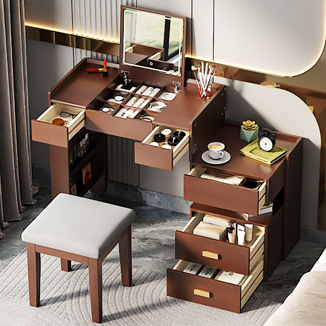 Multi-Functional Walnut Makeup Vanity Desk with Flip-Top Mirror LED Lighting