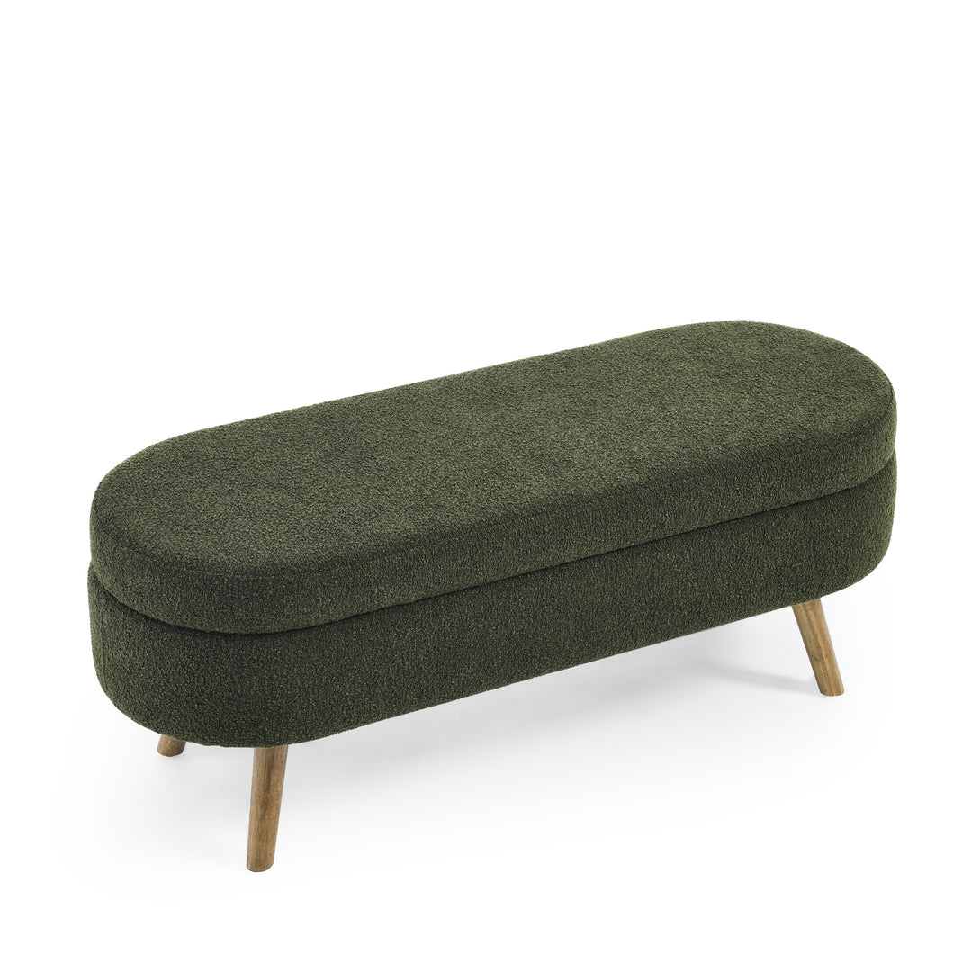 Elegant Green Ottoman Oval Storage Bench with Rubber Wood Legs