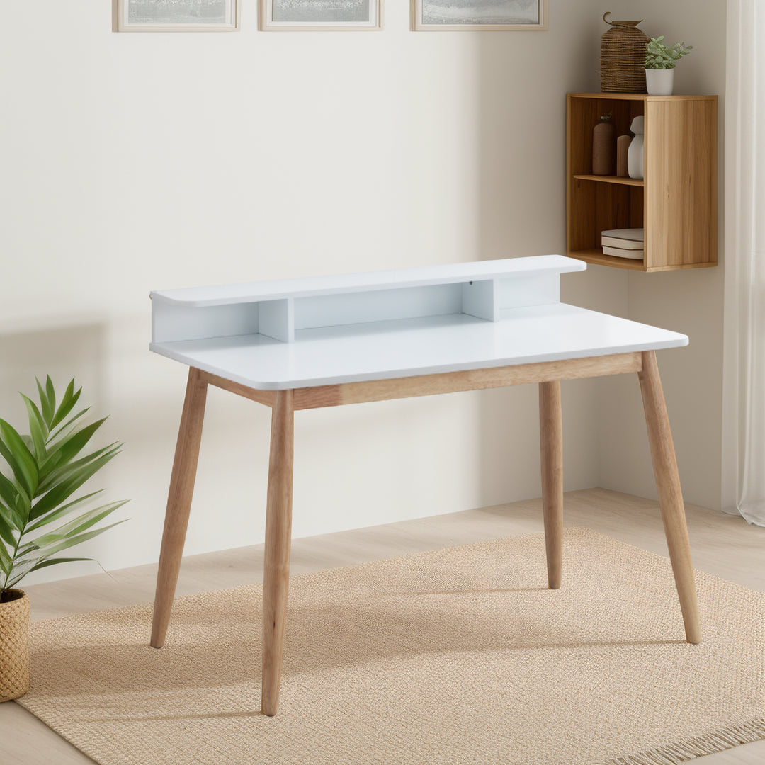 Mid-Century Modern Wood White Writing Desk with Hutch