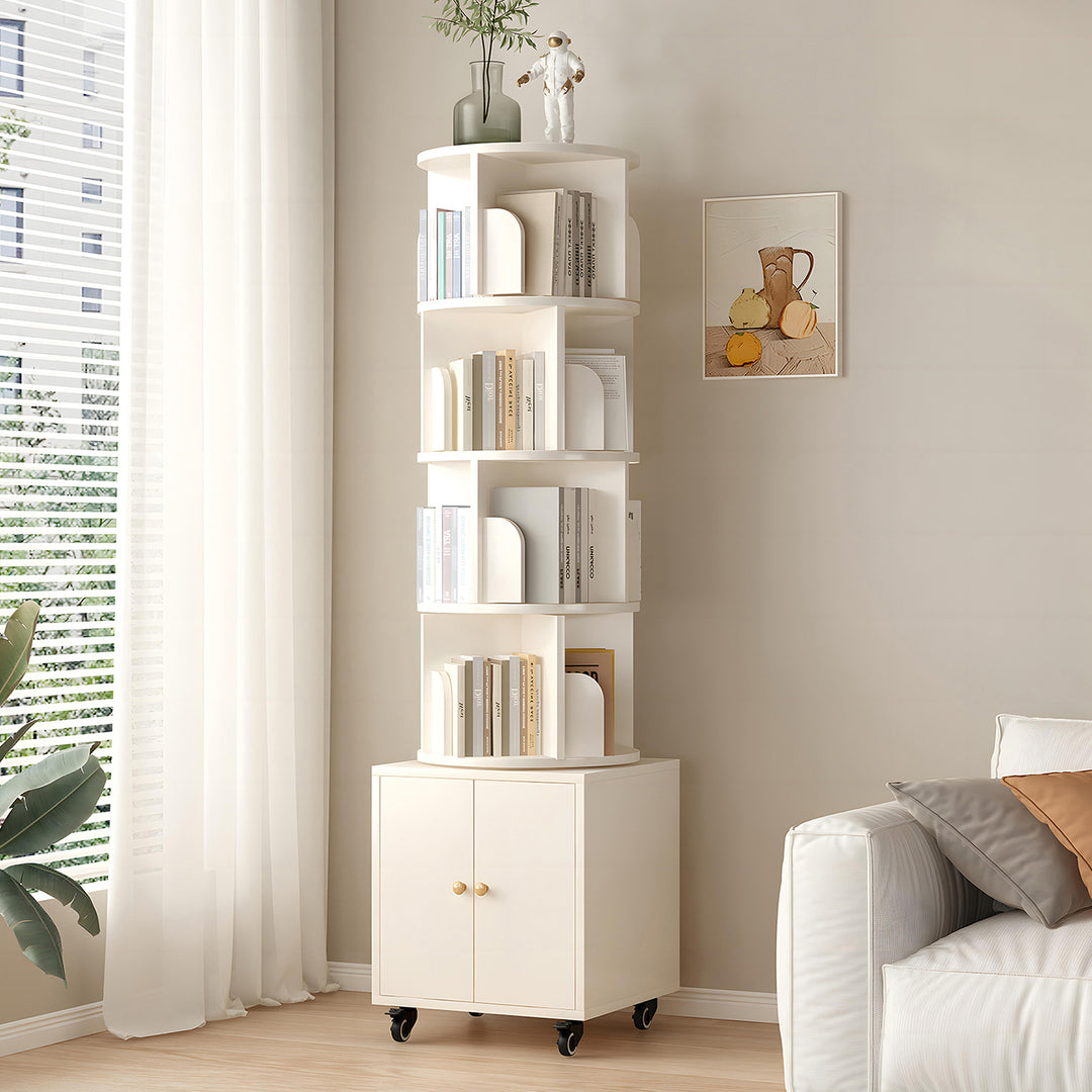 360 Degree Display 5 Tier Corner Rotating Bookshelf with Drawer for Small Space