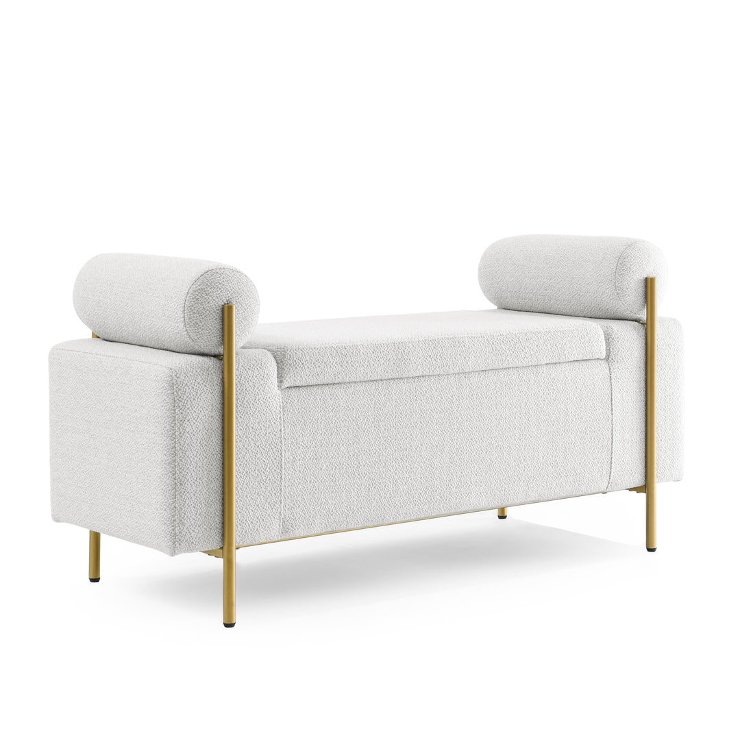 Elegant Upholstered Linen White Storage Bench with Cylindrical Arms and Iron Legs