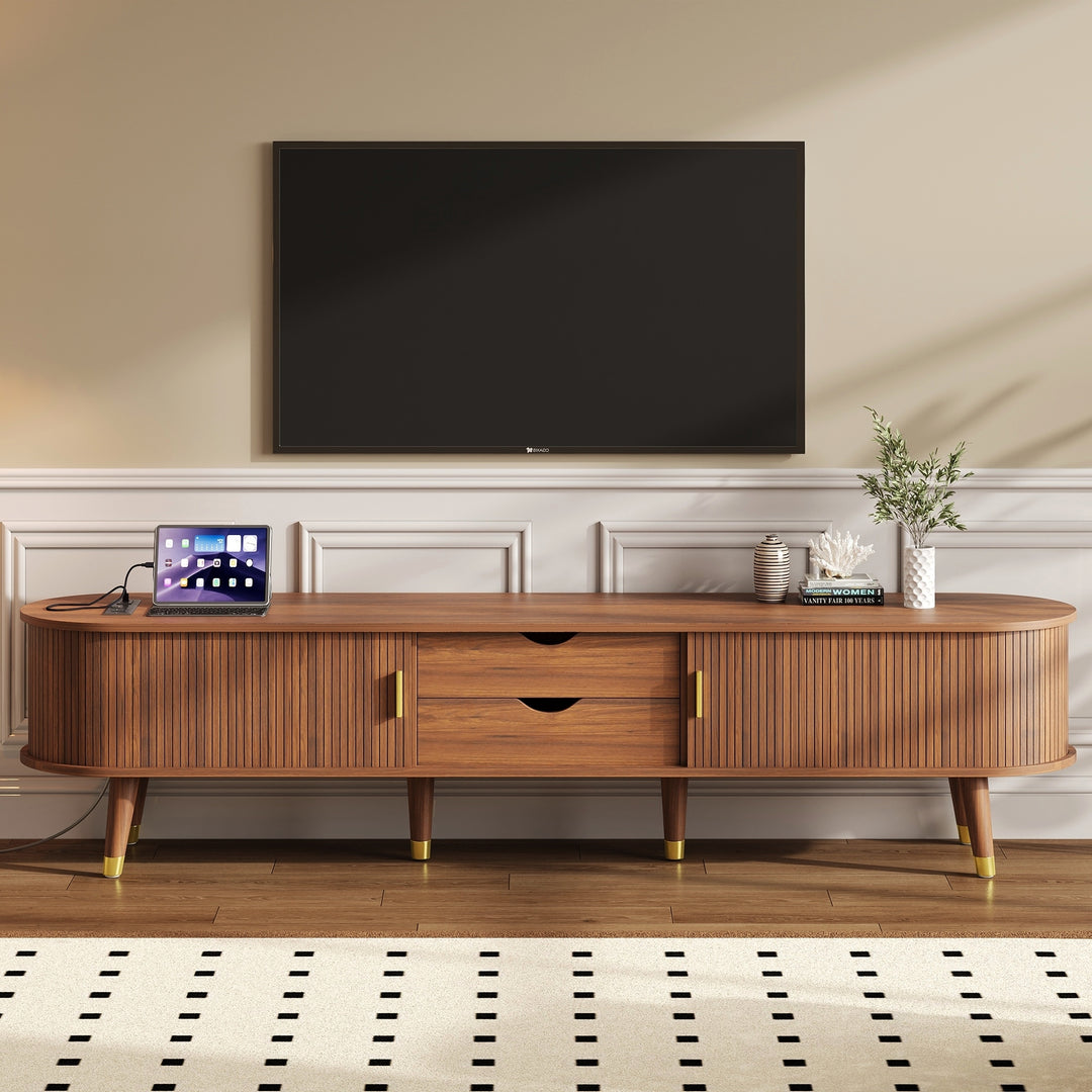 Farmhouse Wooden Oval Fluted TV Stand with Charging Station for TV up to 80''