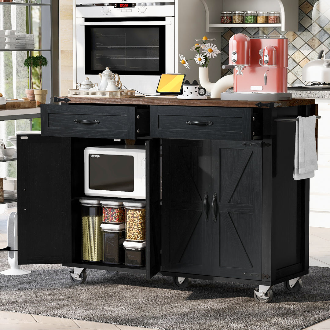 53.5'' Farmhouse Black Kitchen Island Cart on Wheels with Power Outlet Drop Leaf