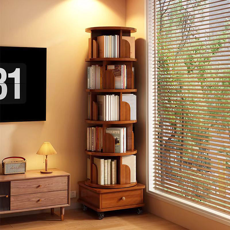 360 Display Corner Rotating Bookshelf 6 Tier Bookcase Storage Rack with Wheels