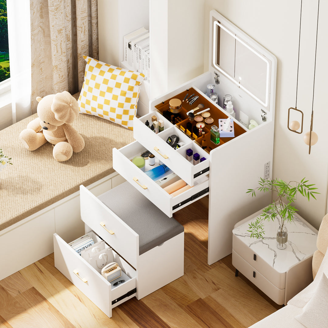 3 in 1 Vanity Makeup Vanity Desk with Visible Glass LED Light & Power Outlet