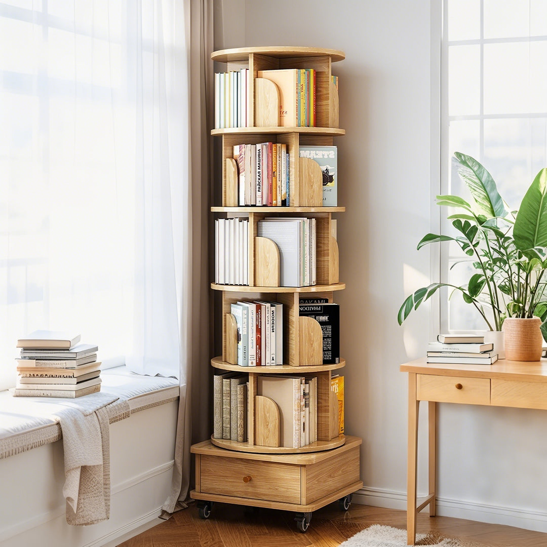360° Display Round Spinning 6 Tier Rotating Bookshelf with Wheels and Drawer