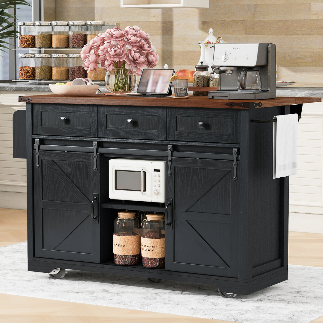 53.7'' Farmhouse 2 Sliding Barn Door Black Kitchen Island with Power Outlet Drop Leaf
