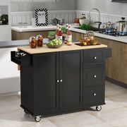 52.7'' Width Rolling Mobile Black Kitchen Island with Solid Wood Top and Locking Wheels