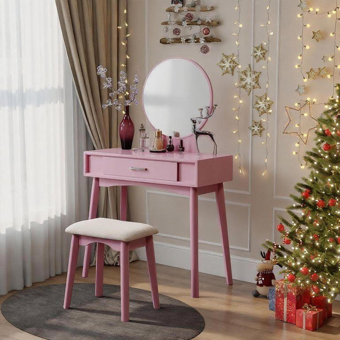 Contemporary Wood Pink Makeup Vanity Desk and Stool Set