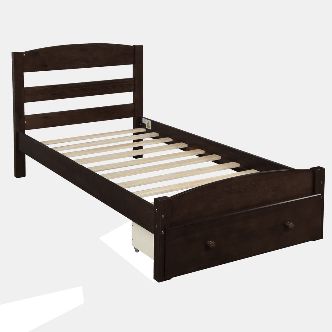 Espresso Platform Twin Bed Frame with Storage Drawer and Wood Slat Support