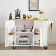 Rolling Barn Door White Kitchen Island Cart with Storage Cabinet Drop Leaf Countertop
