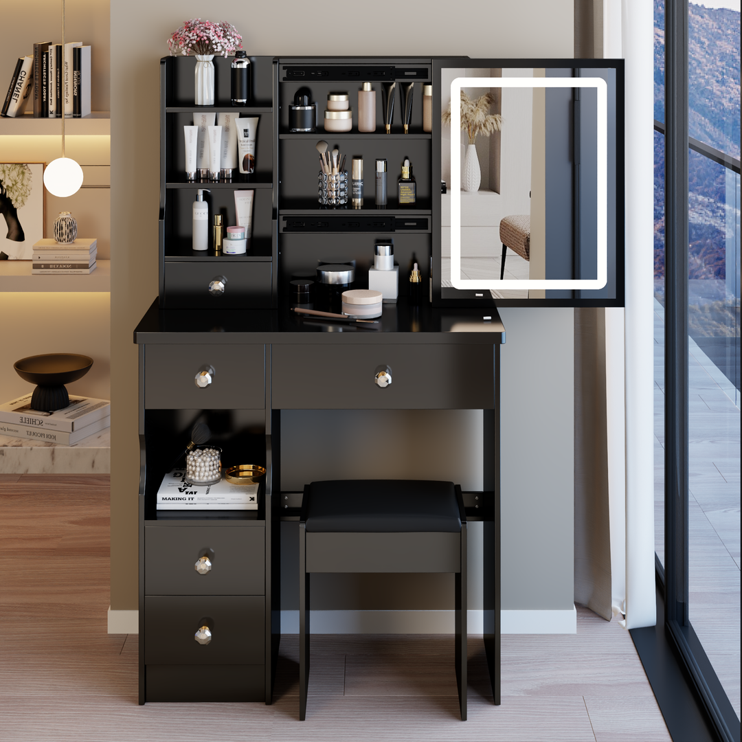 29.2'' Small Size Left Drawer Desktop Black Makeup Vanity Table + Cushioned Stool