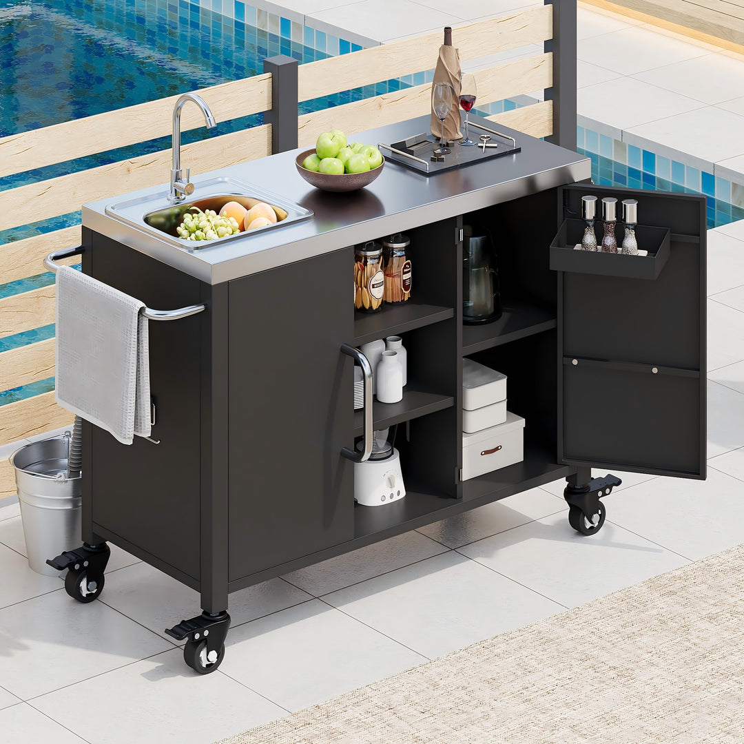 55.5'' Outdoor Black Kitchen Island Cart with Sink 4 Lockable Wheels