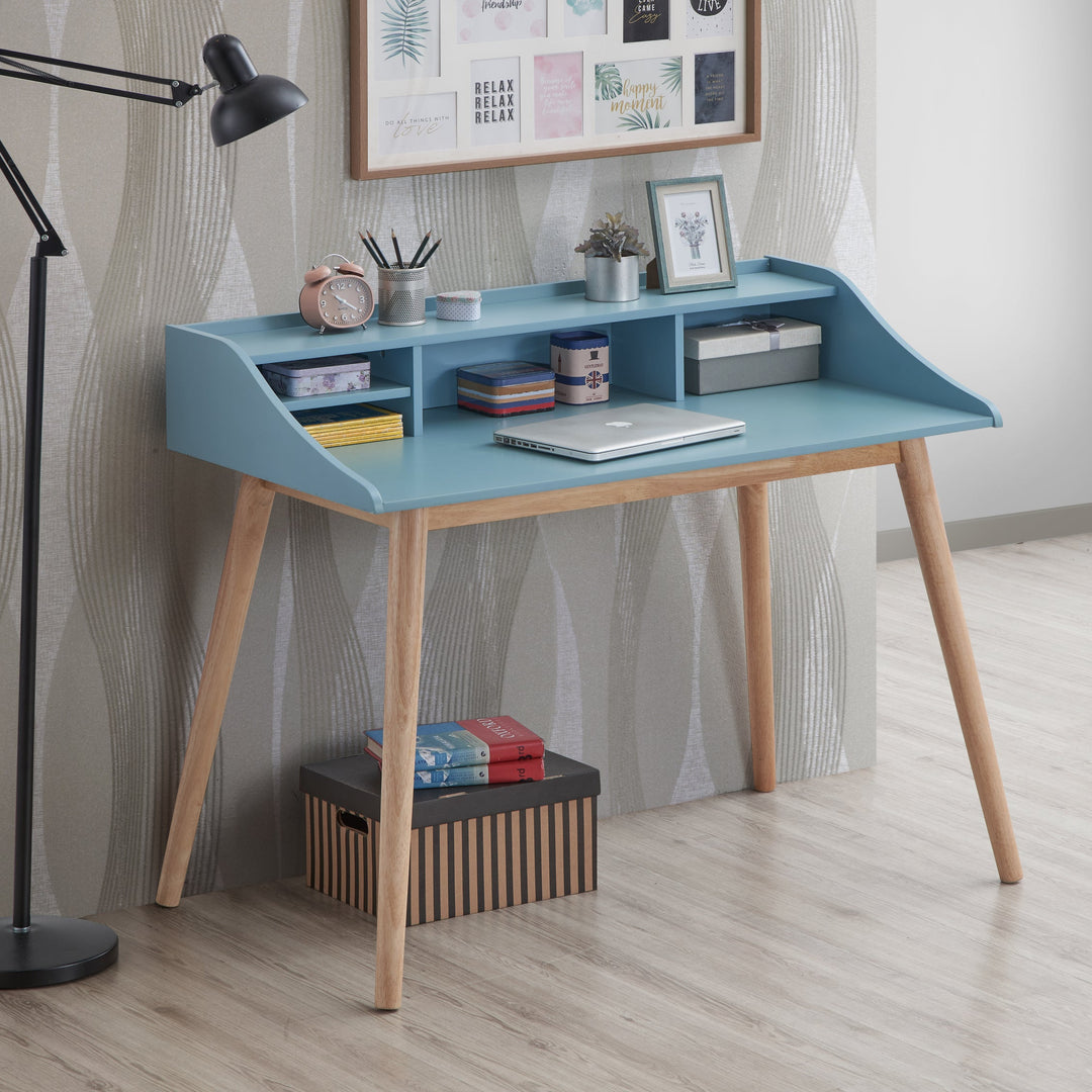 Mid-Century Modern Wood Blue Writing Desk with Hutch