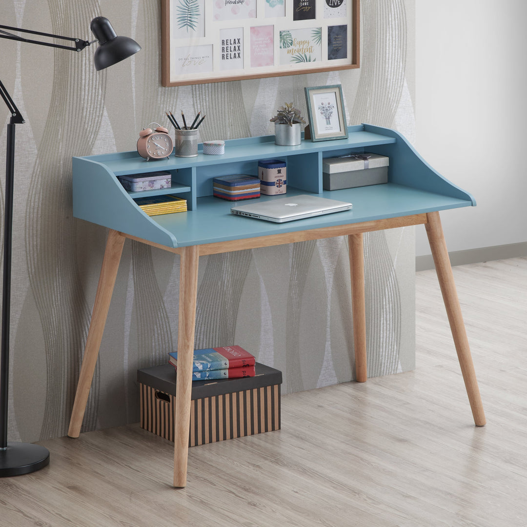 Mid-Century Modern Wood Blue Writing Desk with Hutch