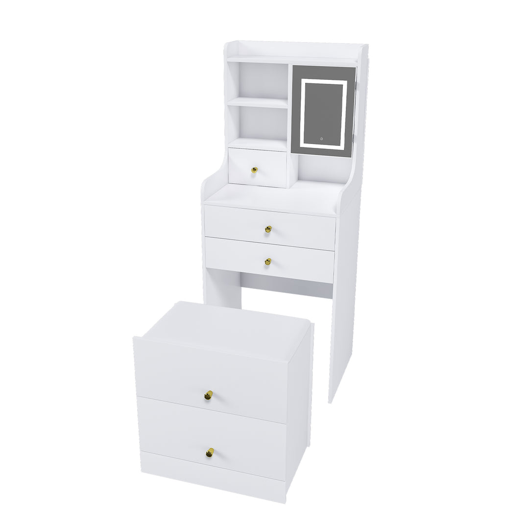 3-in-1 White MDF Makeup Vanity Table with LED Mirror & Storage Stool