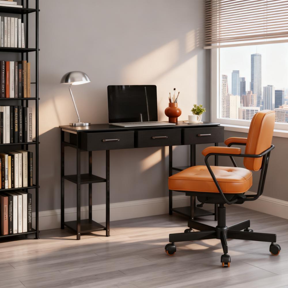 Black Small Writing  Computer Desk with Fabric Drawers Adjustable Shelves