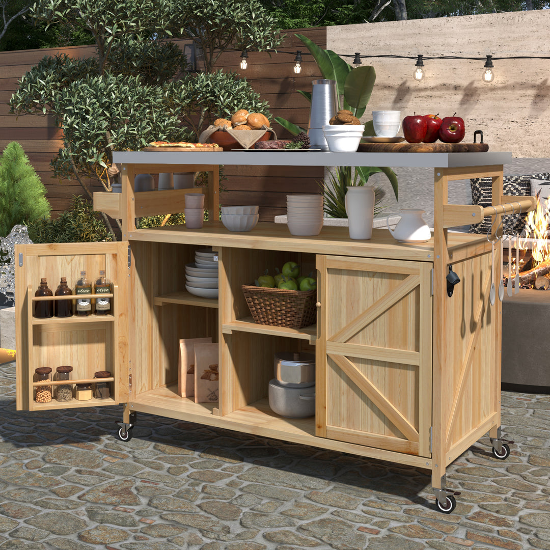 Farmhouse Outdoor Natural Kitchen Island Cart With  Spice Rack Towel Rack