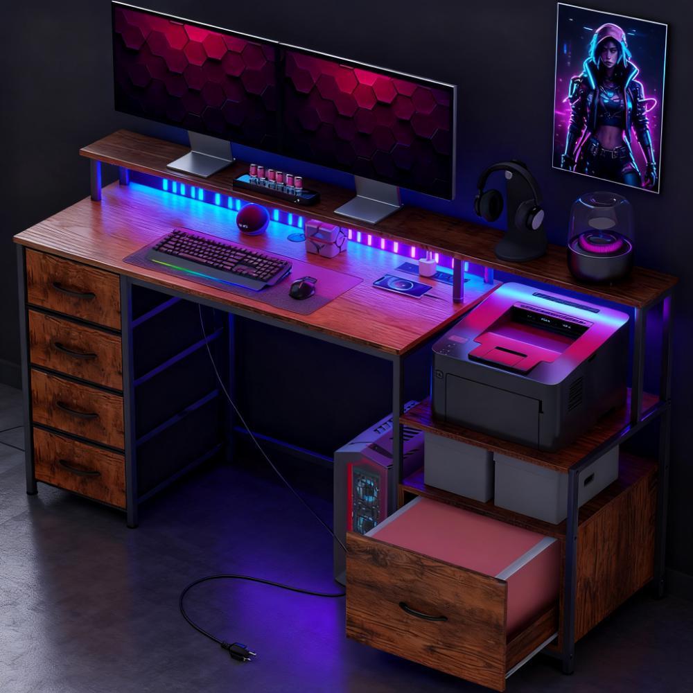 Brown Computer Gaming Desk with Power Outlets and LED Lights