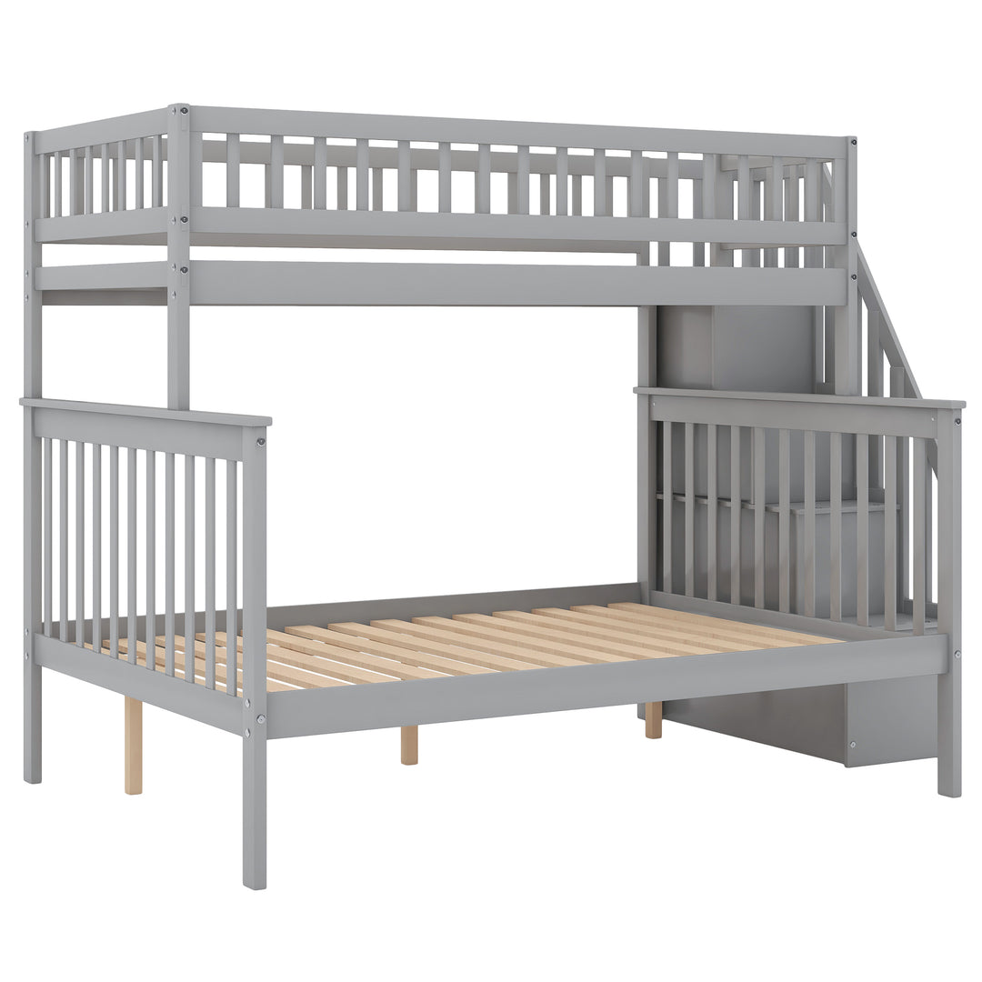 Twin Over Full Stairway Gray Bunk Bed with Storage