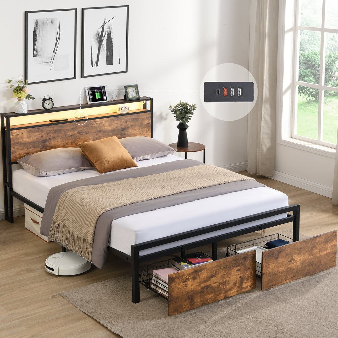Full Size Bed Frame with Storage Headboard and 2 Drawers LED Lights