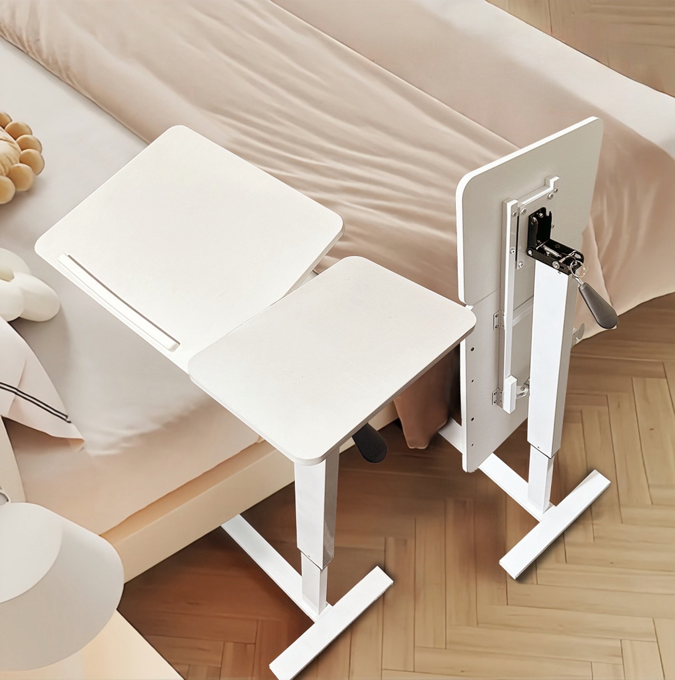Mobile Rolling White Laptop Stand Tilting Overbed Side Table with Wheels