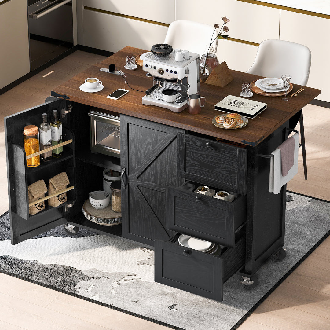 54.5'' Farmhouse Black Kitchen Island Cart with Power Outlet Storage Rack Drop Leaf