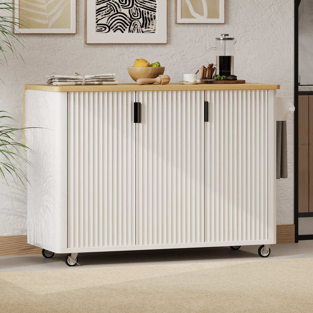 Rolling 51'' Fluted White Kitchen Island Cart with Drop Leaf Storage Rack Towel Rack
