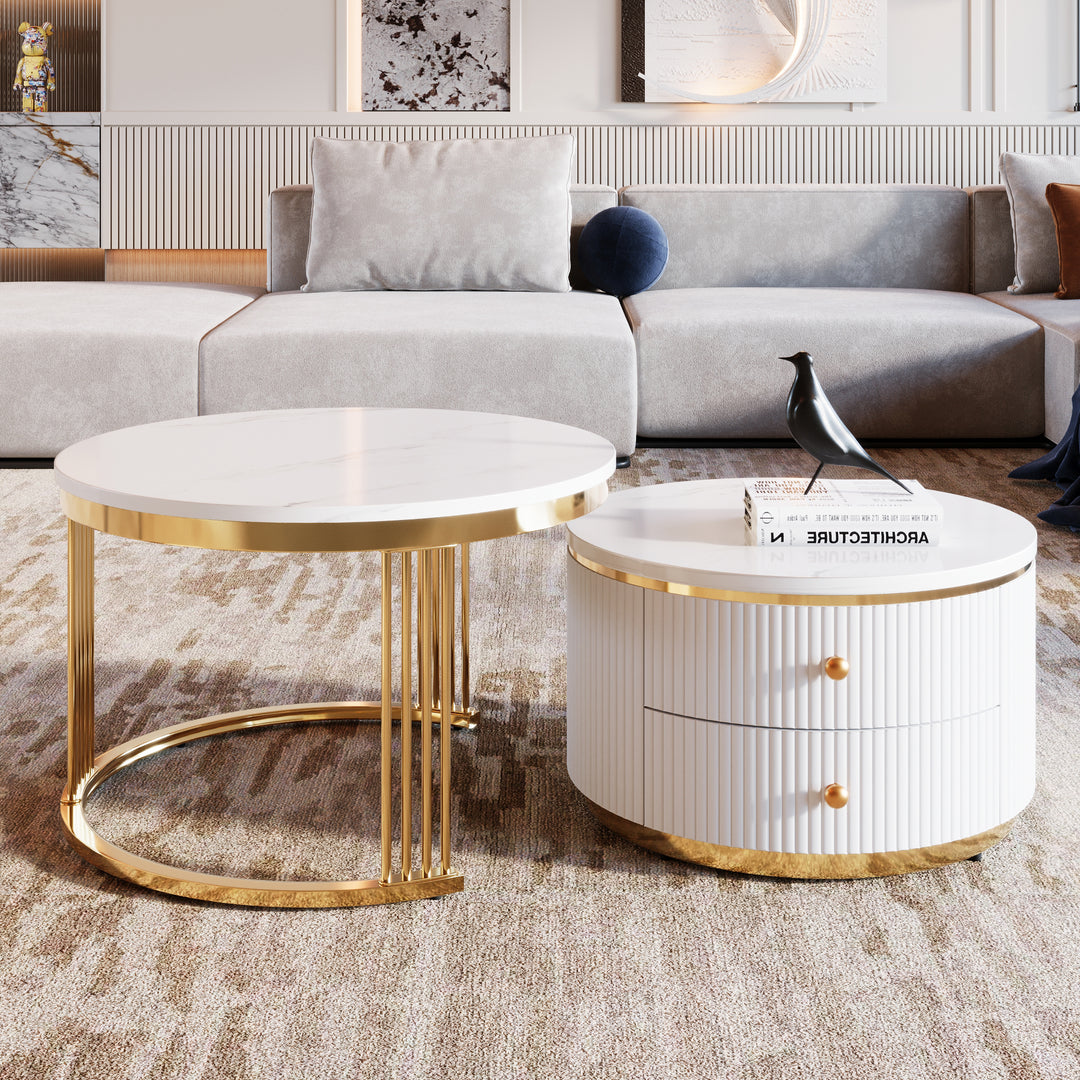 Modern 2 Pieces White Round Nesting Coffee Table with Drawers