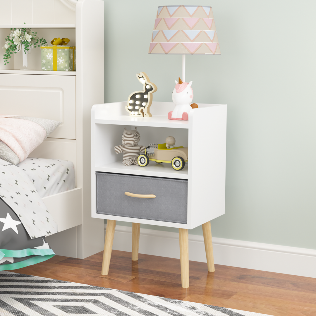 2-Tier Storage White Nightstand With Collapsible Fabric Drawer