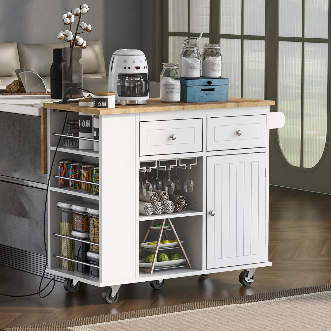 White Kitchen Storage Island with Drop Leaf Open Storage and Wine Rack