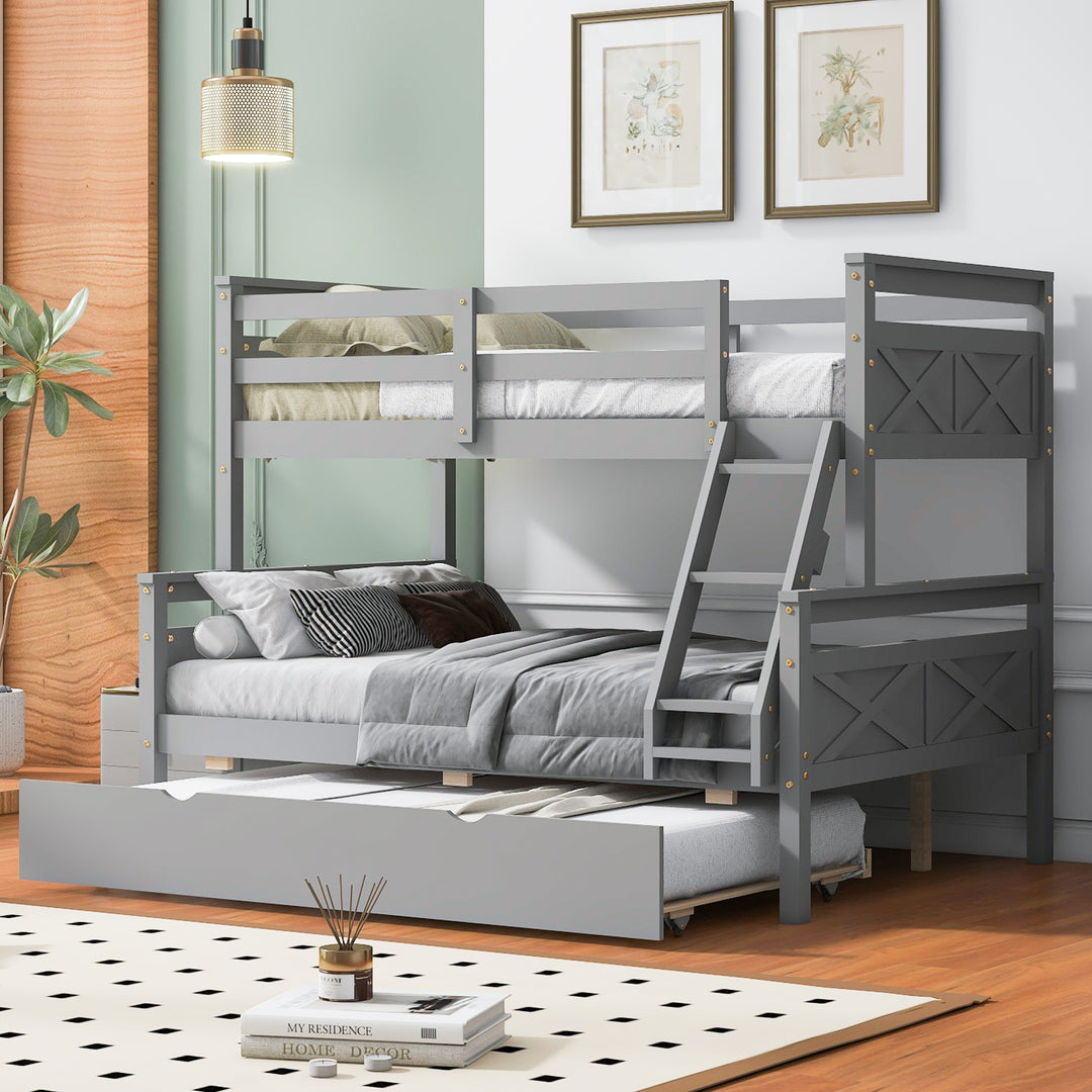 Gray Twin Over Full Bunk Bed with Ladder and Twin Trundle