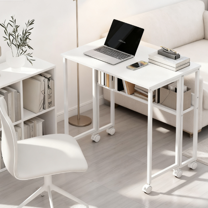 Small Spaces Folding White Computer Desk with Storage Bag Shelf and Wheels