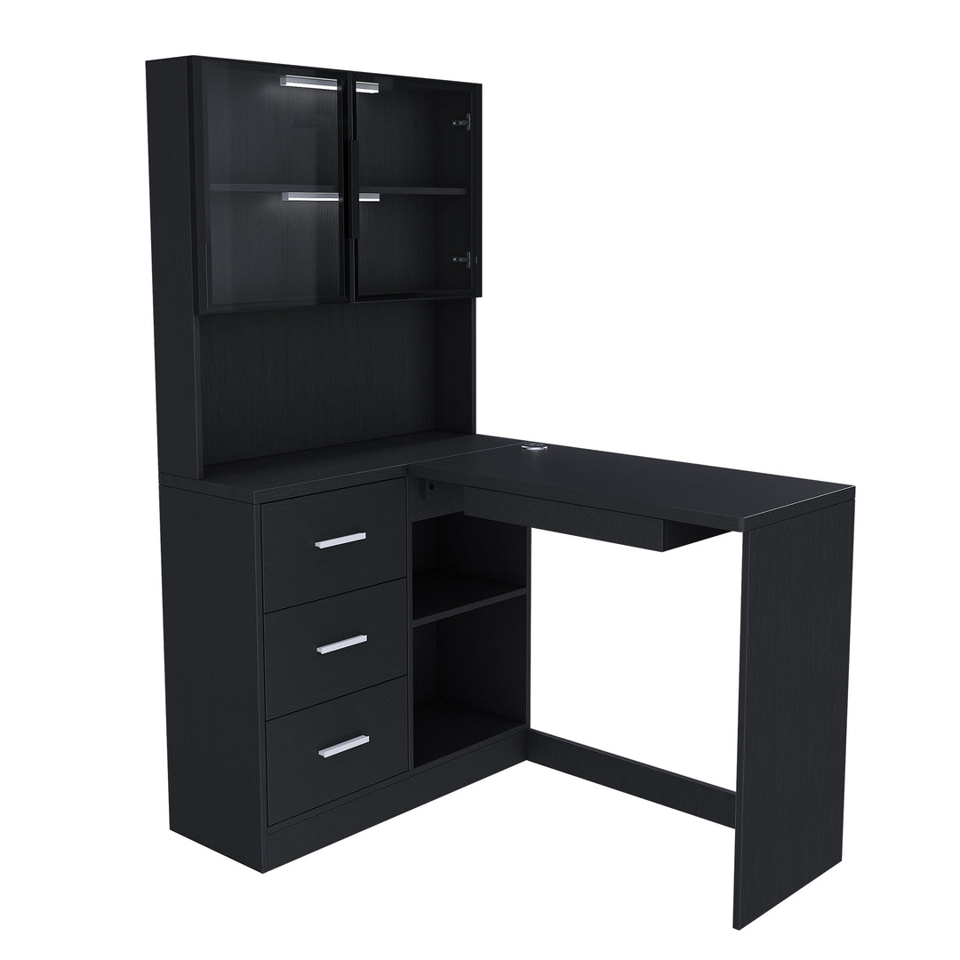 Black L-Shaped Computer Desk with Glass Cabinets Built-In LED Lights