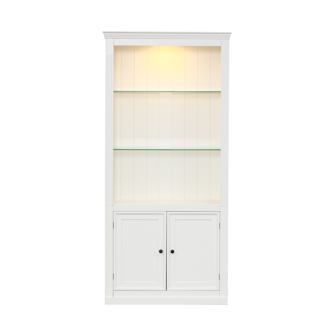 Retro-style Display Bookcase with Adjustable LED Ceiling Light and Tempered Glass Shelves