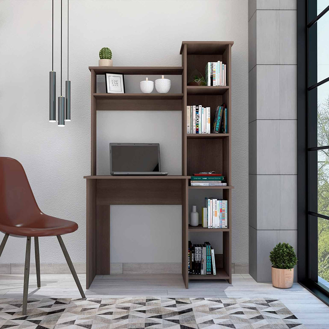 Contemporary Brown Computer Writing Desk With Six Shelves