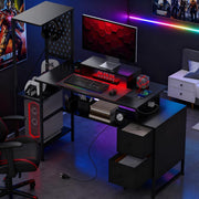 Black Gaming Desk Computer Table with Storage Power Outlets and LED Lights