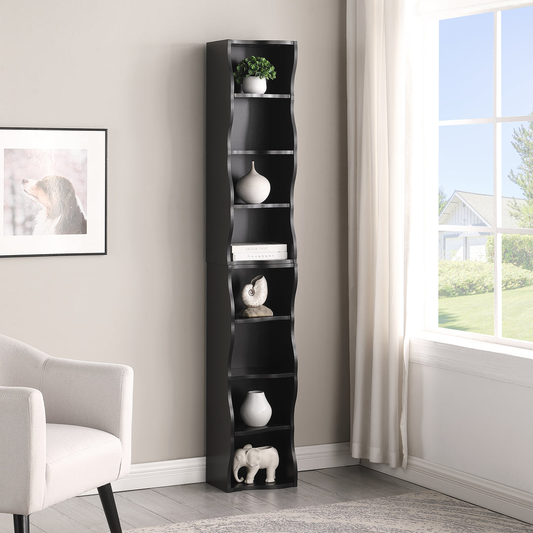 8-Layer Adjustable Shelf Ultra-Thin Black Bookshelf With A Wavy Border Design
