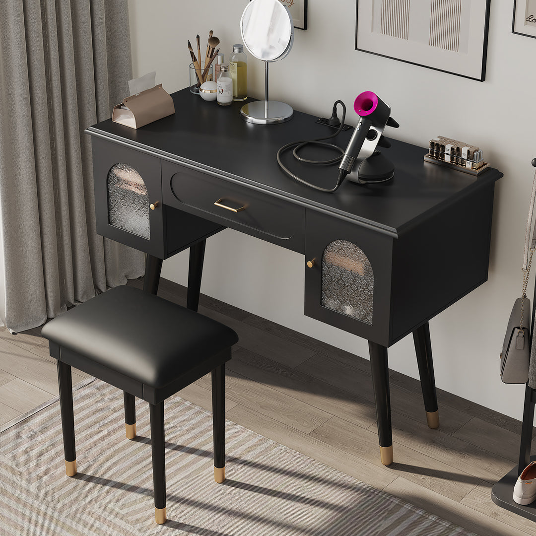 Elegant Black Makeup Vanity Table & Chair Set with Organizer & Charging Port