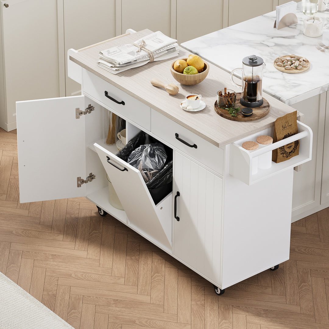 White Kitchen Island Cart on Wheels with Trash Can Storage Cabinet Drop Leaf