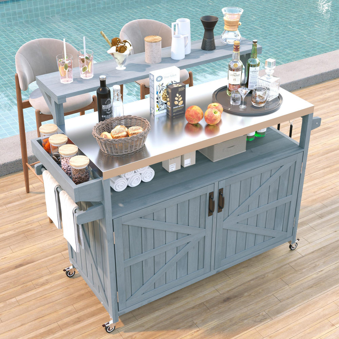 53.3'' Outdoor Grey Blue Kitchen Island Rolling Grill Cart with Raised Shelf