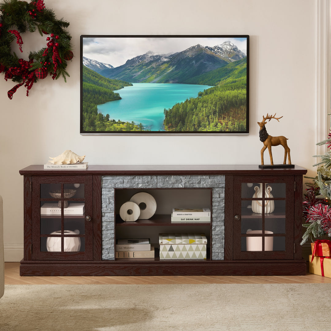 70'' Modern Faux Stone TV Stand with 2-Door Storage