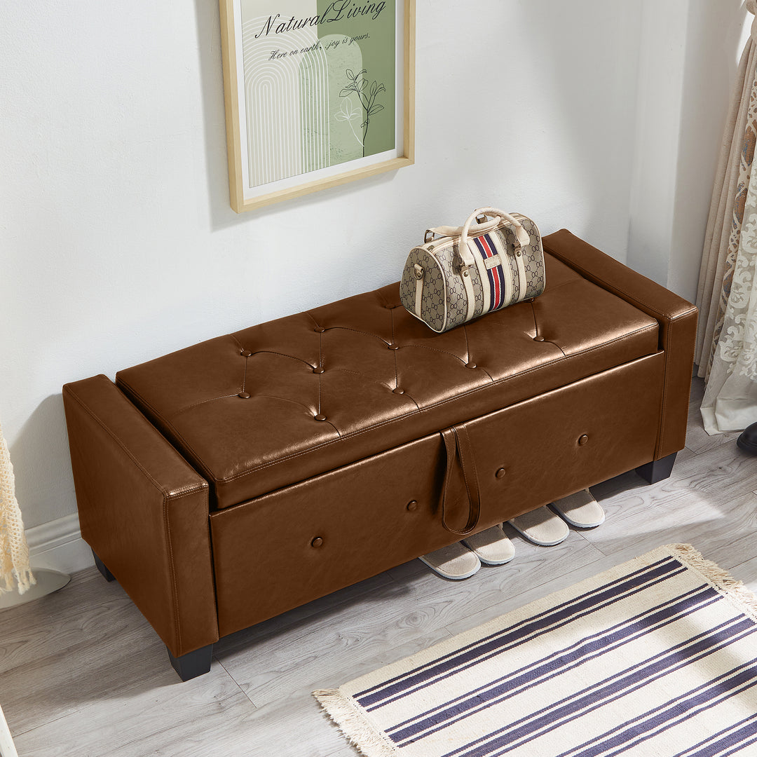 48'' Upholstered Tufted Ottoman Brown Bench with Storage