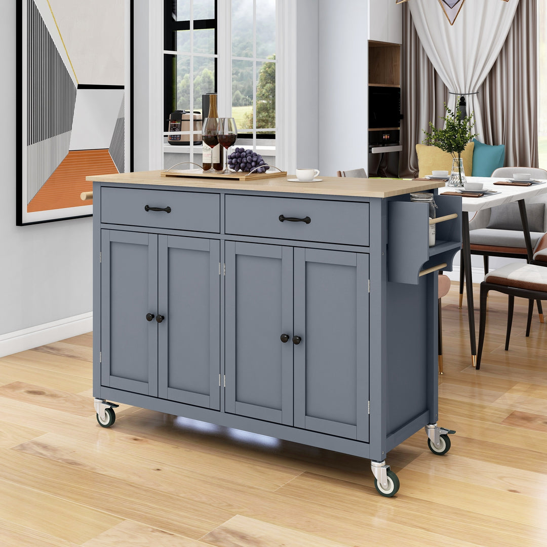 Grey Blue Kitchen Island Cart with Solid Wood Top and Locking Wheels