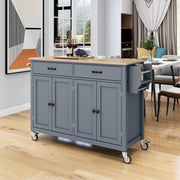 Grey Blue Kitchen Island Cart with Solid Wood Top and Locking Wheels