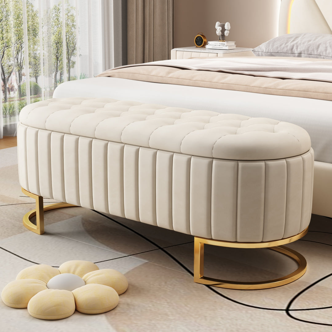 Elegant Upholstered Velvet Beige Storage Bench Ottoman with Button-Tufted