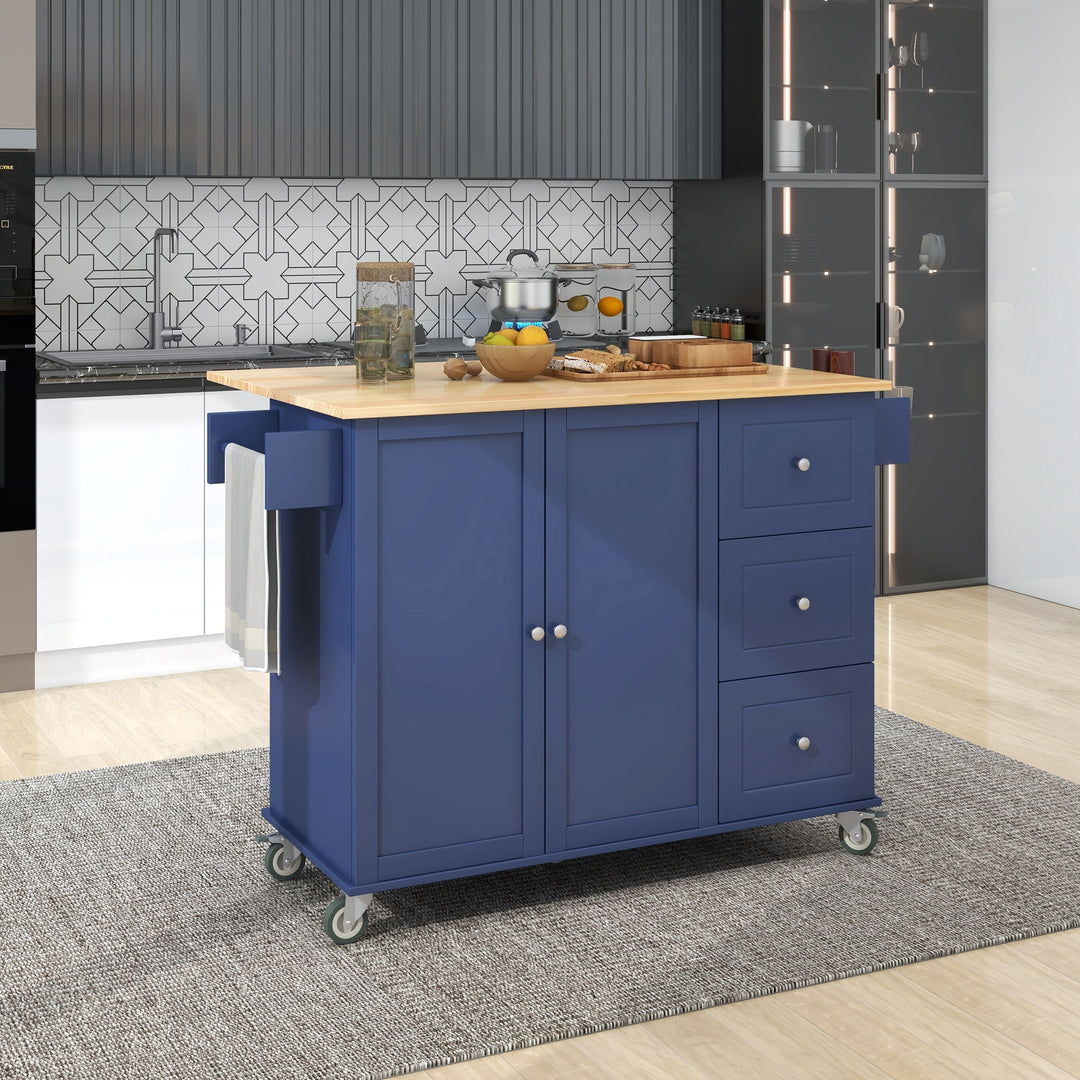 Rolling Mobile Dark blue Kitchen Island with Drop Leaf Locking Wheels & Storage Cabinet
