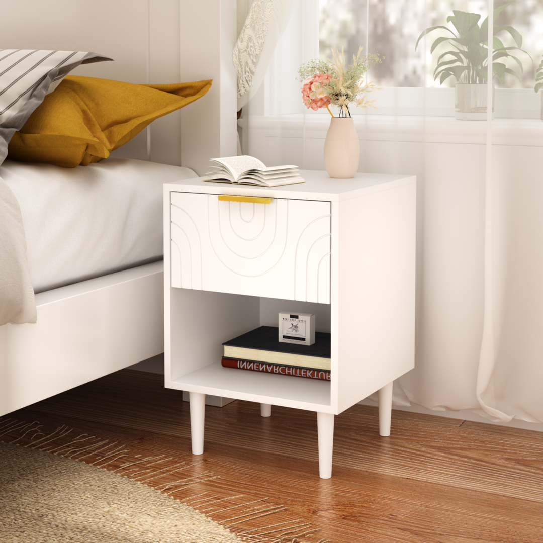 Modern White Nightstand with One Drawer and Open Shelf