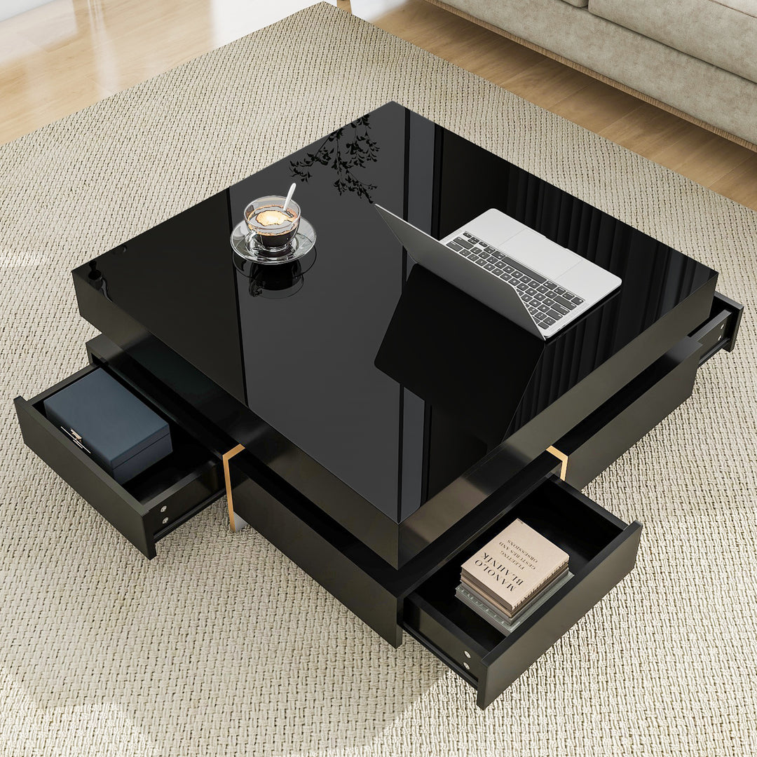 Modern High Gloss Square Black Cocktail Tea Coffee Table with 4 Drawer